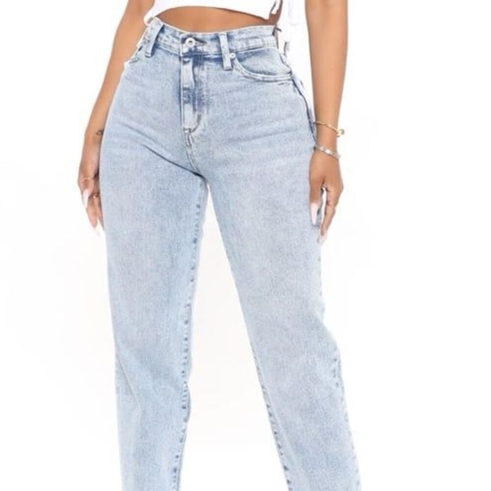 Divided Acid wash light blue straight leg high waisted raw hem jeans